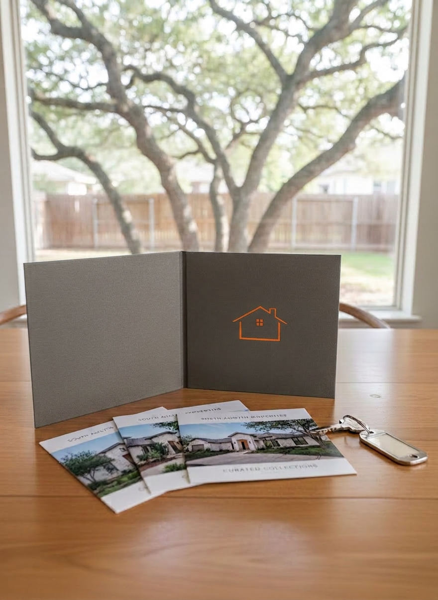 A detailed close-up of a tasteful real estate listing presentation arranged on a smooth wooden dining table in a South Austin home. A sleek, navy-blue folder embossed with a subtle silver house outline lies open, revealing neatly printed property brochures featuring images of local homes. A high-quality metal key with a small, blank key tag rests beside the folder. In the background, softly out of focus, a window reveals mature oak trees and a hint of a fenced backyard. Soft, diffused mid-morning natural light from the window creates gentle highlights on the folder’s textured cover. Shot in photographic realism with a shallow depth of field and a clean, professional mood, ideal for illustrating expert guidance and organization.