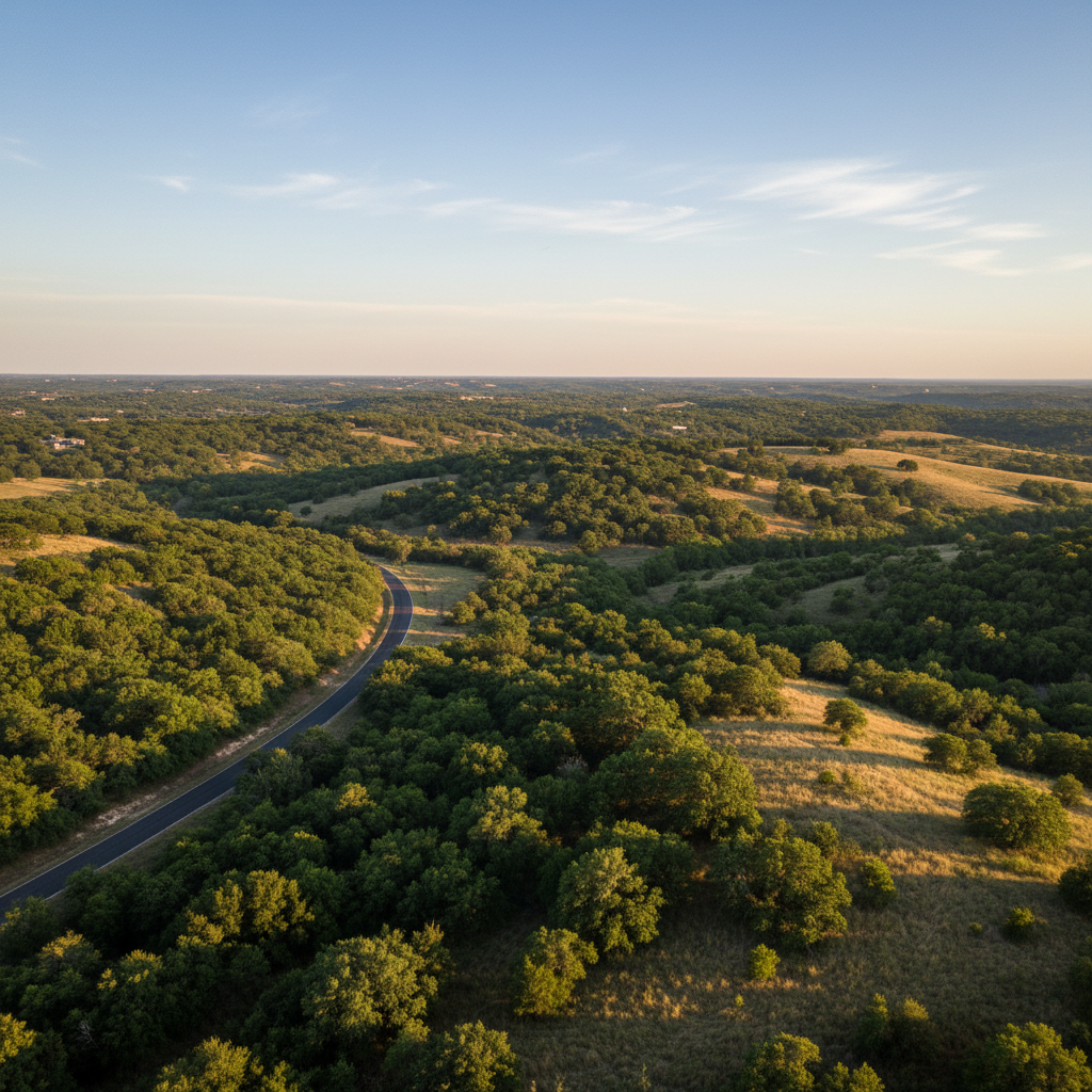 An elevated, wide-angle view of the rolling Texas Hill Country landscape near Dripping Springs, captured in crisp photographic realism. Gentle hills stretch into the distance, covered with clusters of live oaks, cedar trees, and patches of native wild grasses. A small, winding two-lane road cuts through the scene, hinting at quiet residential areas just beyond the frame. The sky is a clear, soft blue with a few wispy clouds, and late-afternoon sunlight bathes the land in a warm, golden tone, creating long, subtle shadows. The composition emphasizes open space and natural beauty, with sharp focus throughout and a calm, expansive mood that reflects the appeal of living just outside South Austin.