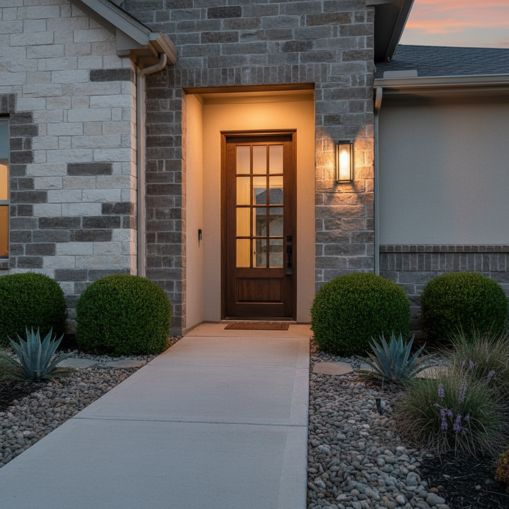 A welcoming front entry of a Highpointe home, showcasing a dark-stained craftsman-style front door with vertical glass panes and sleek black hardware, set within a facade of mixed limestone and soft beige stucco. A clean concrete walkway leads from the curb, flanked by neatly trimmed shrubs, river rock beds, and drought-tolerant plants typical of the Texas Hill Country. Warm, golden evening light spills from a modern sconce beside the door, while the setting sun casts a gentle glow across the stone textures. Shot in photographic realism from a low, slightly angled perspective, the composition draws the eye toward the entryway, creating a mood of comfort, security, and upscale suburban living in the Dripping Springs area.