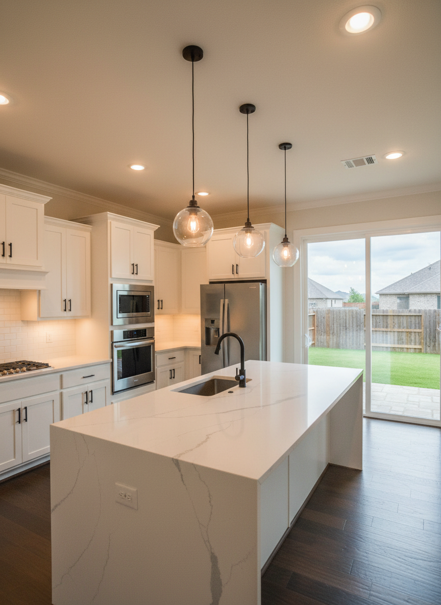 A pristine kitchen in a Highpointe community home, designed in contemporary hill country style. White shaker cabinets with matte black pulls line the back wall, contrasted by a large quartz island with subtle gray veining and waterfall edges. Stainless steel appliances gleam under warm recessed ceiling lights and a trio of clear glass pendant lights above the island. Beyond the island, a sliding glass door opens to a fenced backyard with manicured lawn and a glimpse of neighboring rooftops. The scene is photographed in clean, realistic detail from a slightly elevated angle, with balanced, even lighting and a calm, orderly mood that emphasizes functionality and luxury, perfectly suited for a professional real estate website.
