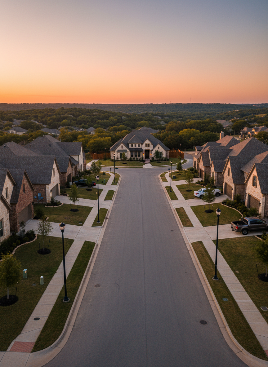 A wide, panoramic exterior view of a Dripping Springs neighborhood street, captured in photographic realism during golden hour. A row of well-maintained stone-and-brick homes with varied rooflines lines a gently curving road, each with neatly edged lawns, native landscaping, and young shade trees. The sky glows with soft warm tones as the sun sets behind distant tree-covered hills. Streetlights are just beginning to turn on, creating subtle pools of light along the sidewalks. Shot from a slightly elevated street-level perspective with deep depth of field, the composition feels expansive yet intimate, conveying a safe, established community atmosphere that reflects the character of 78737 and surrounding South Austin suburbs.