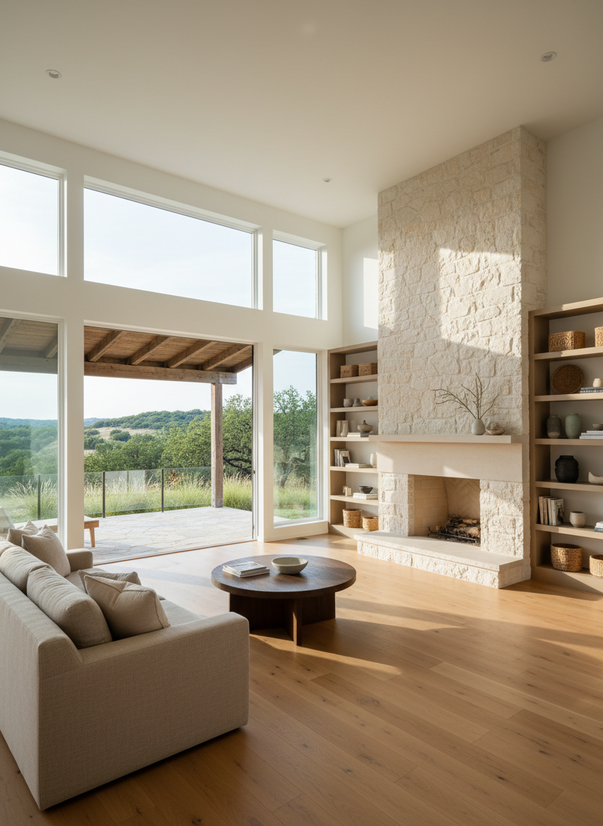 A spacious, sunlit living room in a modern Texas hill country home, featuring wide-plank light oak floors and crisp white walls. Large picture windows frame distant rolling hills and clusters of live oak trees, with native grasses visible just beyond a covered back patio. A stone-clad fireplace with a smooth limestone mantle anchors the room, while built-in shelving holds neutral-toned decor and a few tasteful ceramic vases. Captured in photographic realism at eye level with soft late-afternoon natural light streaming in, casting gentle shadows and a warm, welcoming glow. The composition uses the rule of thirds, with sharp focus throughout, conveying a professional, calm, and inviting atmosphere ideal for showcasing real estate in Dripping Springs and South Austin.