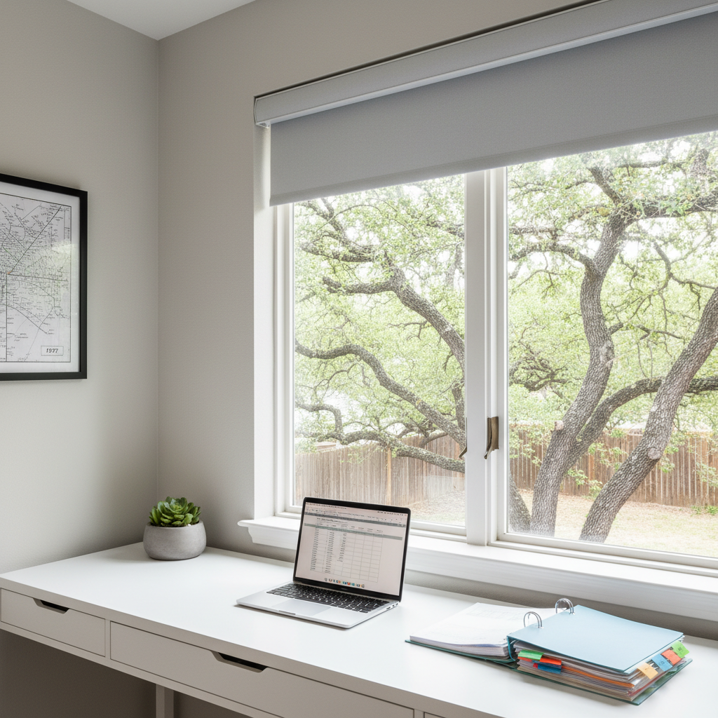 A stylish home office space in a South Austin residence, featuring a clean white built-in desk that runs beneath a wide double window overlooking a leafy backyard. On the desk sits a slim, modern laptop, a small stack of neatly arranged property files with color-coded tabs, and a single potted succulent in a matte concrete planter. Natural, diffused daylight filters through light gray roller shades, creating soft, even illumination and minimal shadows. The room’s walls are painted a gentle greige, and a simple framed map of the 78737 area hangs nearby. Captured in photographic realism at eye level with a slightly off-center composition, the mood is focused, organized, and professional, emphasizing thoughtful real estate planning.